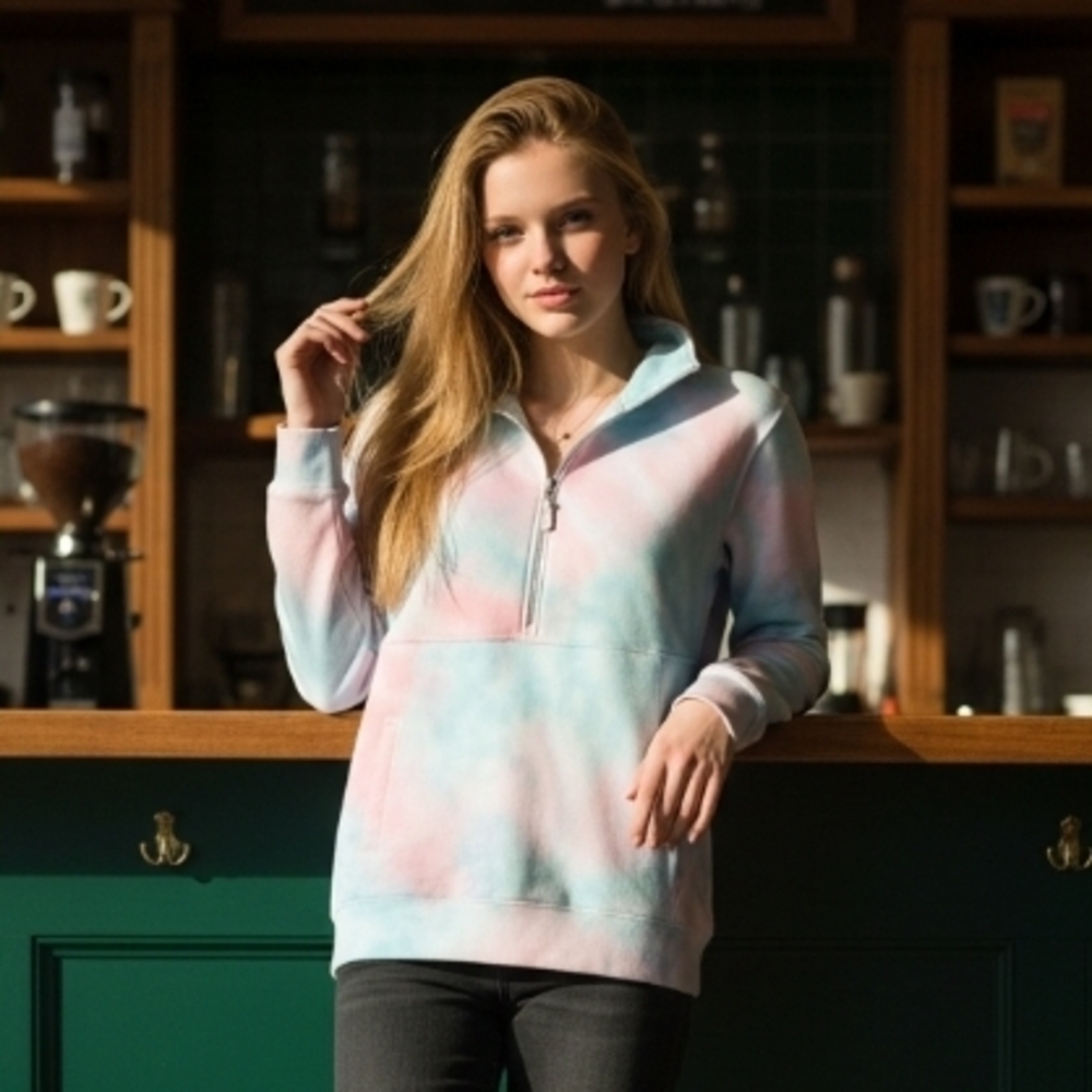 Pink Blue Tie-Dye Quarter-Zip Pullover Sweatshirt Women's Medium